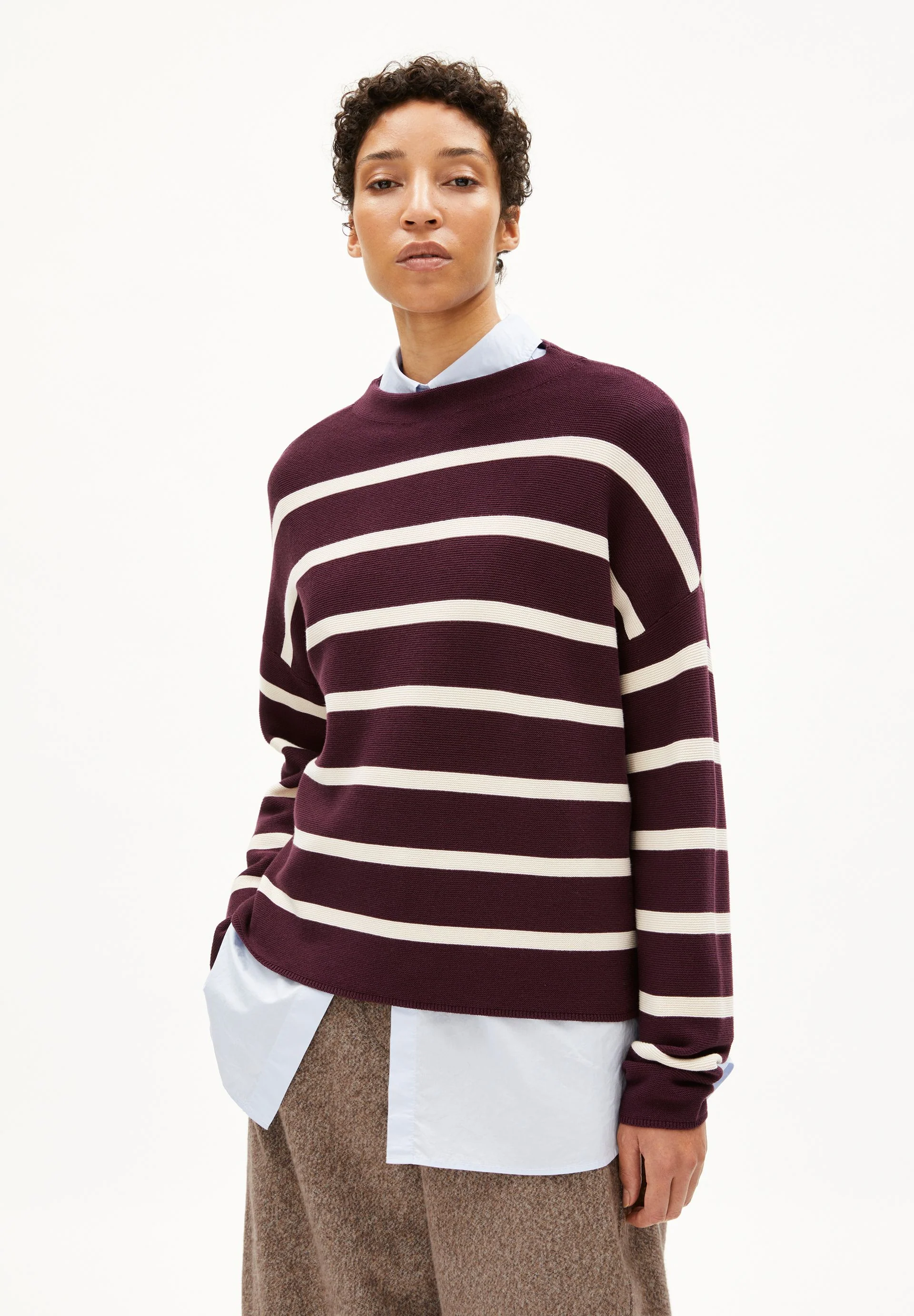 MERINAA STRIPES STRICKPULLOVER | dark cranberry-oatmilk