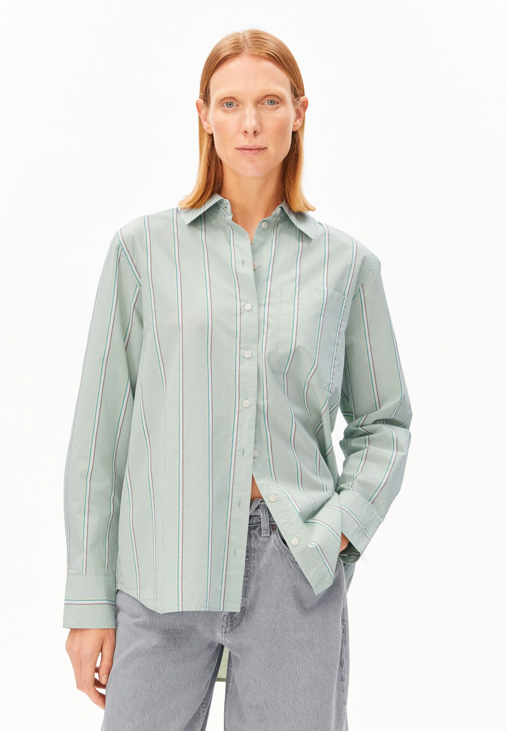 GESTREIFTE WEITE POPLIN BLUSE | foam-pool green